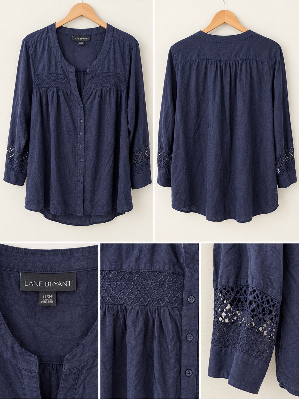 Lane Bryant Navy Crochet-Trim Button Front Peasant Top
